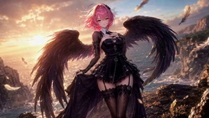 海边黑翼粉发二次元美少女