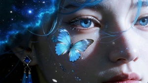 星空蓝发蝴蝶女孩面部眼睛特写