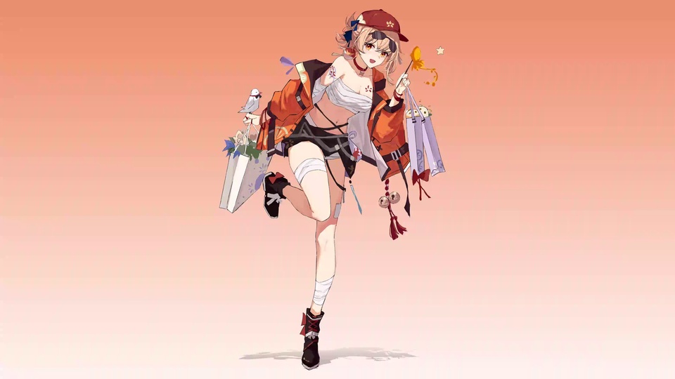 二次元插画，画面中央是身着休闲街头服饰的宵宫，单脚站立，身旁停着小鸟，手提购物袋，手持小烟花道具，背景为暖橙到浅米白的柔和渐变。