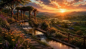花园日落溪景