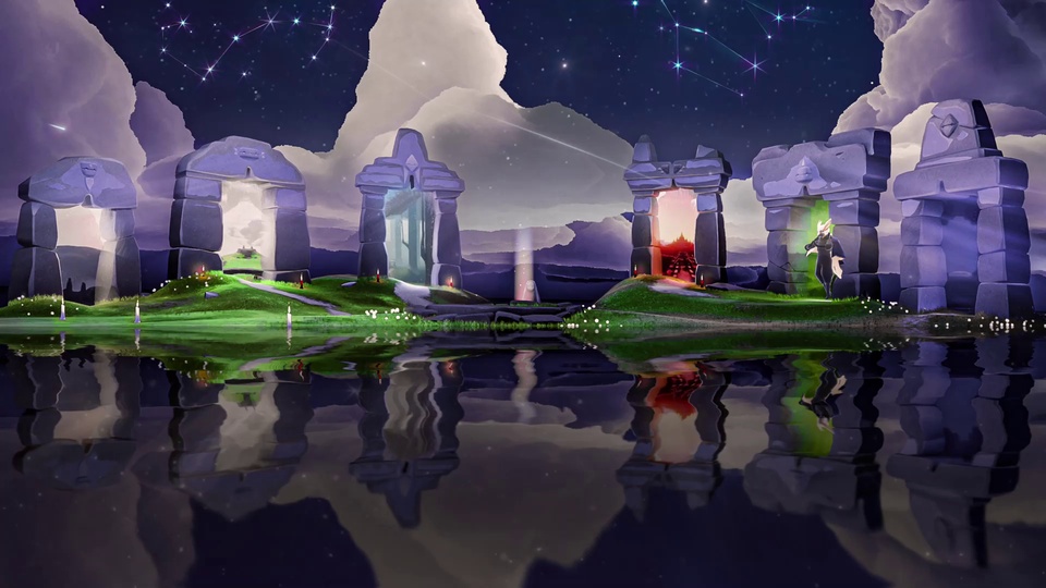 夜空下临湖的古石门群，各门洞透出不同色彩的光，湖面清晰倒映场景。