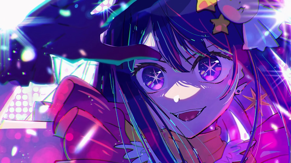 紫发二次元少女星芒眼挥手，炫彩舞台光斑环绕的动漫插画