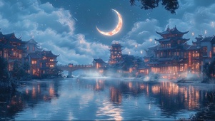 弯月下的湖上古镇建筑