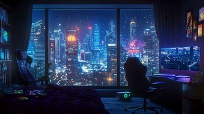 夜景城市科幻房间