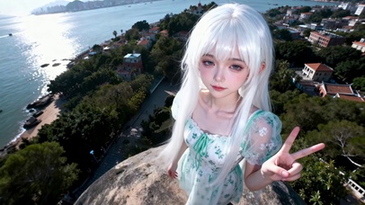 三亚海边山顶白发碎花裙白发女孩