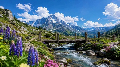 晴空雪山花海溪流治愈风景