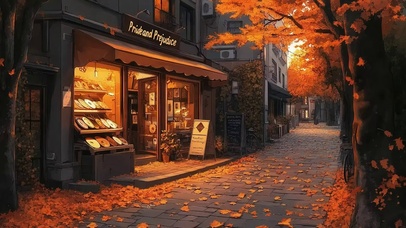 秋日落叶城市街道商店