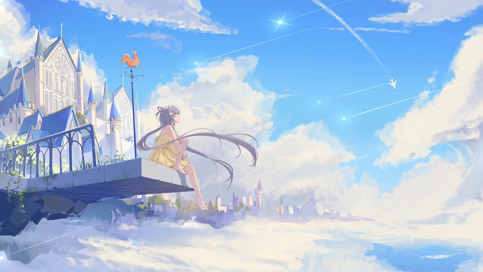 日系二次元插画，灰紫长发少女坐台沿，旁有蓝白尖顶城堡，云海浮城，晴朗蓝天配流星。