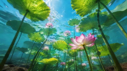清澈水下荷花