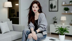 居家坐在小桌的文静牛仔裤美女