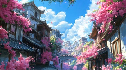 蓝天白云三角梅古城