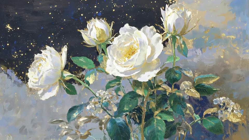 厚涂油画风格白玫瑰特写，深绿叶片带金色描边，藏蓝浅灰蓝混色背景散布金箔光斑。