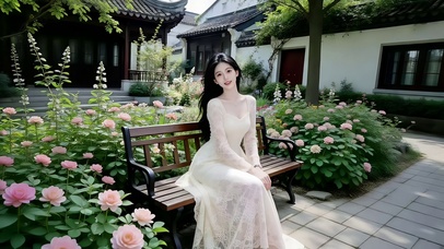 古风庭院坐在长椅纳凉的美女1
