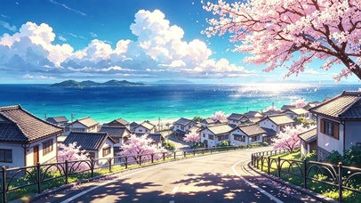 海边小镇 樱花蓝天白云 治愈系