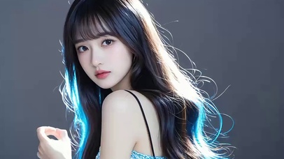 蓝色光晕中长发美女