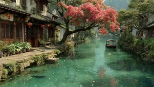 静谧春日河道古风小镇