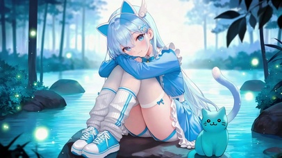 蓝发少女溪边