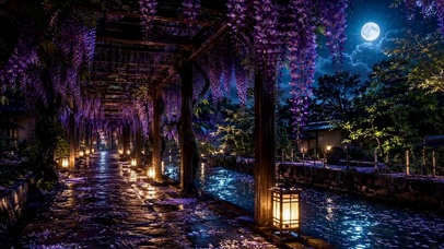 月夜紫藤花廊浪漫夜景
