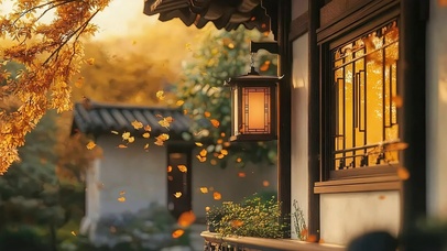 静谧秋日落叶园林庭院