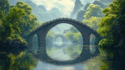 唯美氧气绿色湖面石桥