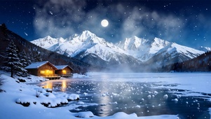 雪景树木房屋河流