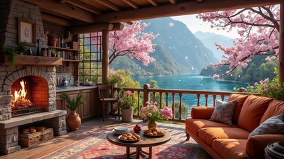 春天高山湖畔木屋