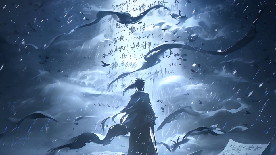 冰蓝调国风插画，下方持剑古风人物背对观者，高空云间散落书法字迹。
