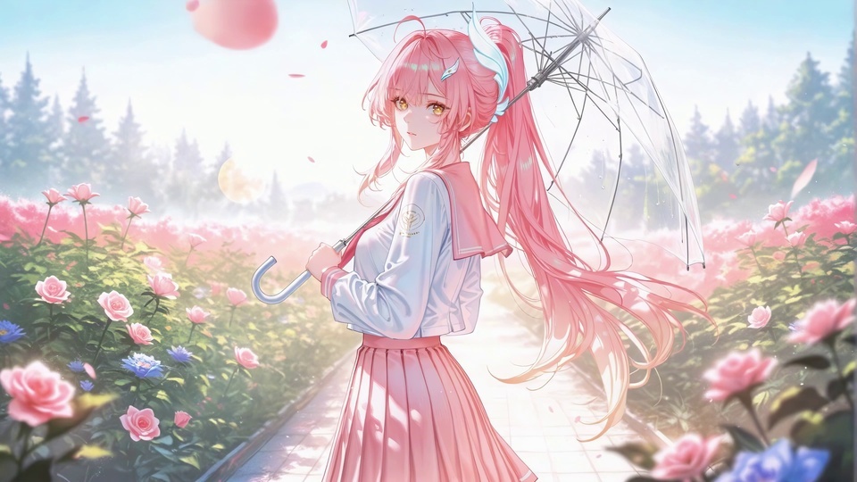 二次元插画中粉发少女持透明弯柄伞站在粉玫瑰花径上，远处有针叶林与淡蓝色晴空。
