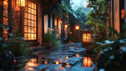 静谧庭院傍晚小雨风景