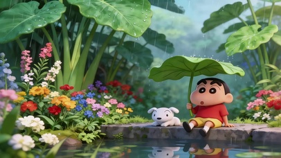 雨天绿叶下小新