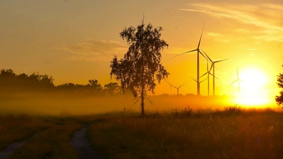 清晨朝阳雾气风力车