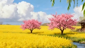 白云柳树花草河流带鱼屏