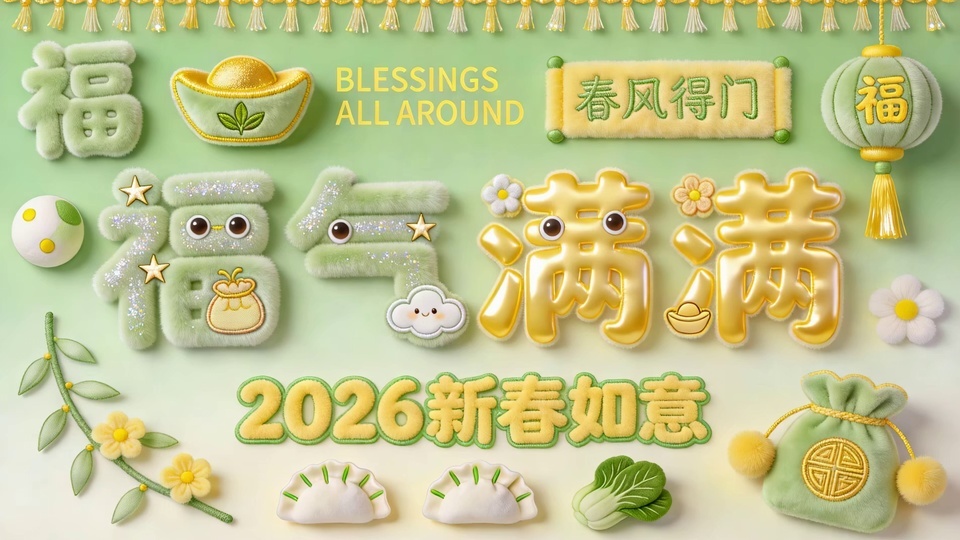 3D毛绒质感新春吉祥装饰组合，浅薄荷绿渐变背景，中央有立体“福气满满”字样，周边搭配福字、元宝、灯笼、钱袋、饺子、菜蔬元素，顶部排列金色流苏装饰。