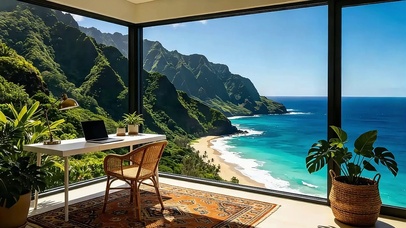 落地窗望碧海青山