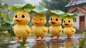 雨天顶荷叶的可爱小黄鸭
