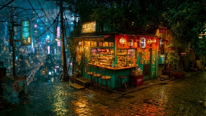 璀璨雨夜城市街角商店