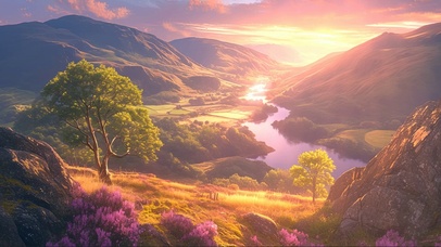 落日山谷河流农田