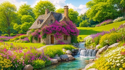 夏日溪边温馨小屋