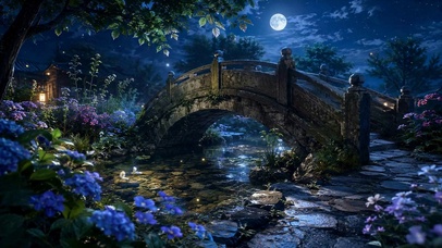 月夜石桥花涧唯美夜景