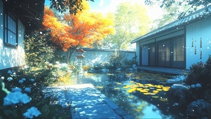 淡蓝清新纯净庭院建筑