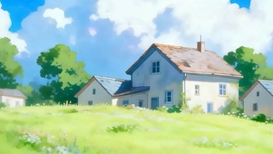 护眼白云树木房屋带鱼屏