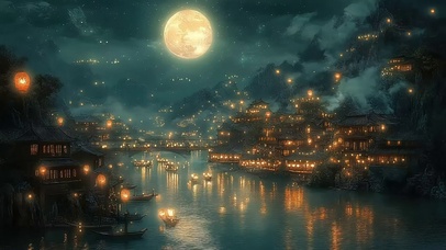 圆月溪流古风山下小镇