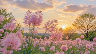 晚霞落日粉色花田