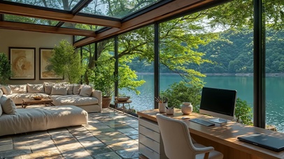 夏日湖光青山