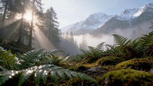 原始森林一脚远处云雾雪山