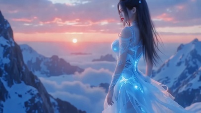 山巅黄昏绝美侧颜少女