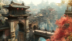 宏伟古城山林建筑风景