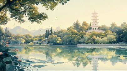 绿色湖畔白色古塔