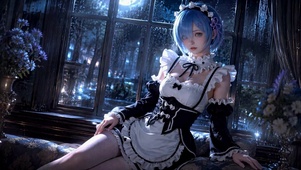 雨夜窗边蓝发女仆少女