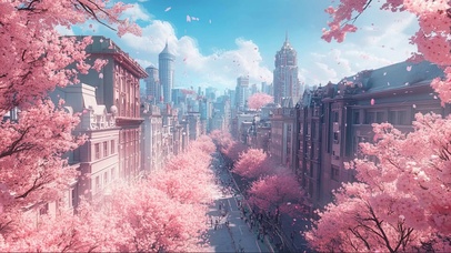 远眺粉色樱花浪漫城市